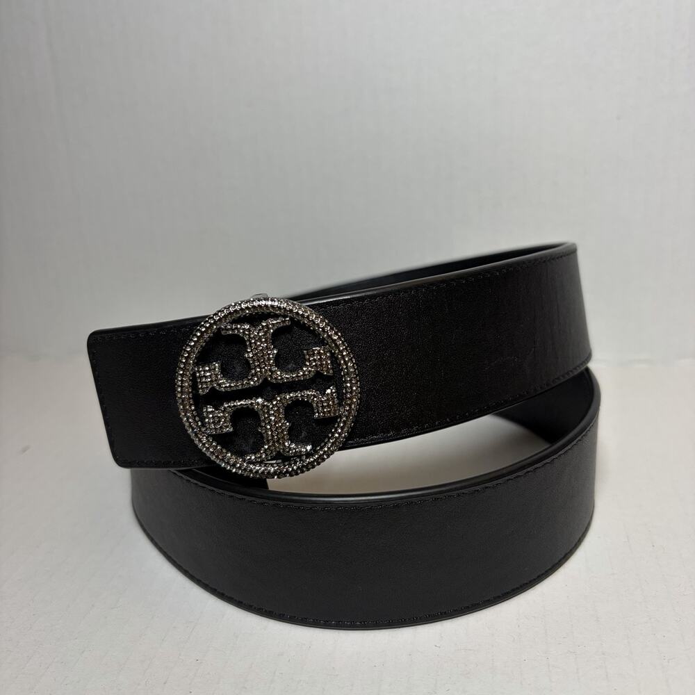 Tory Burch Crystal Embellished Logo Belt Black Leather Women’s Small